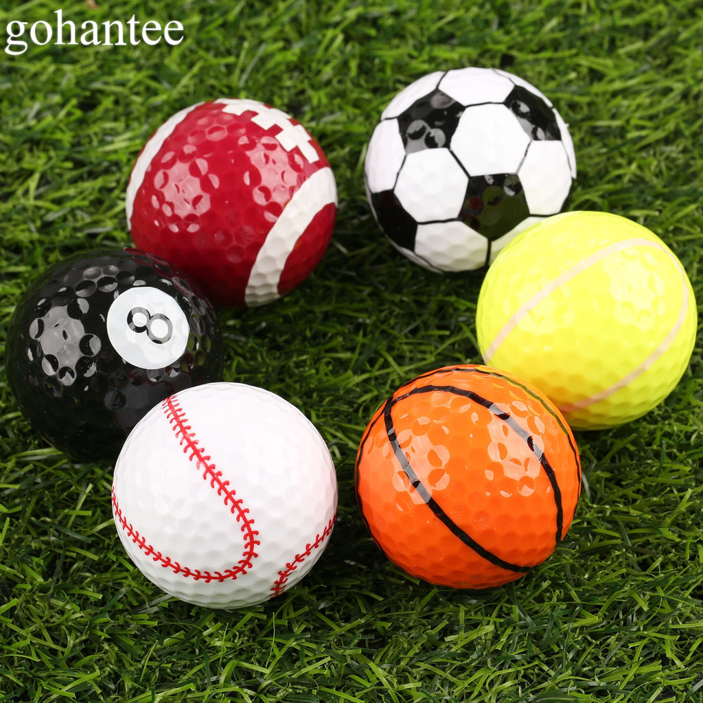 gohantee Novelty Creative Rubber Golf Balls 6 kinds of Pattern Golf Game Balls Similar Rugby Football Sports Champion Golf Balls